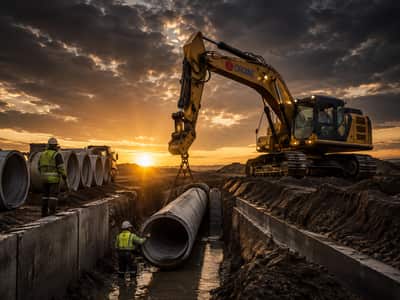 Tubos de concreto instalados em uma obra de drenagem pluvial